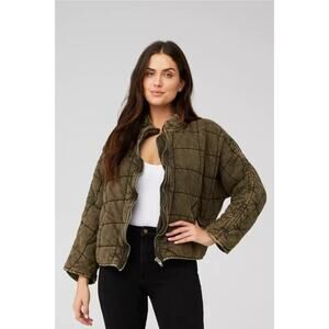 Free People Oversized Quilted Military Green Knit Zip Up Jacket Size M